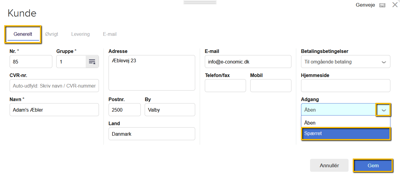 Viser valgmuligheden 'Spærret' i feltet 'Adgang' på kundekortet – bruges til at spærre en kunde.