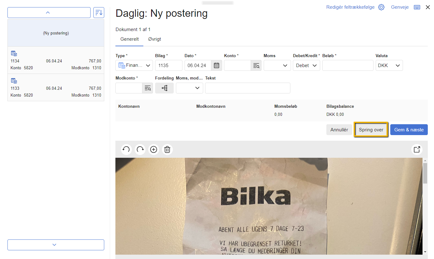 Viser bogføring af et bilag i funktionen "Ny postering fra Inbox" – bruges til at springe bilaget over og beholde det i indbakken.