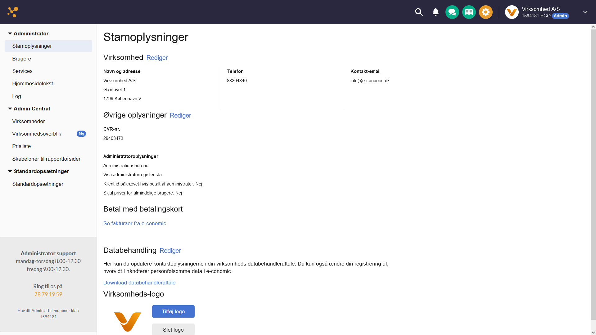 Viser Stamoplysninger i administratorindstillingerne – bruges til at se og redigere virksomhedens stamdata.
