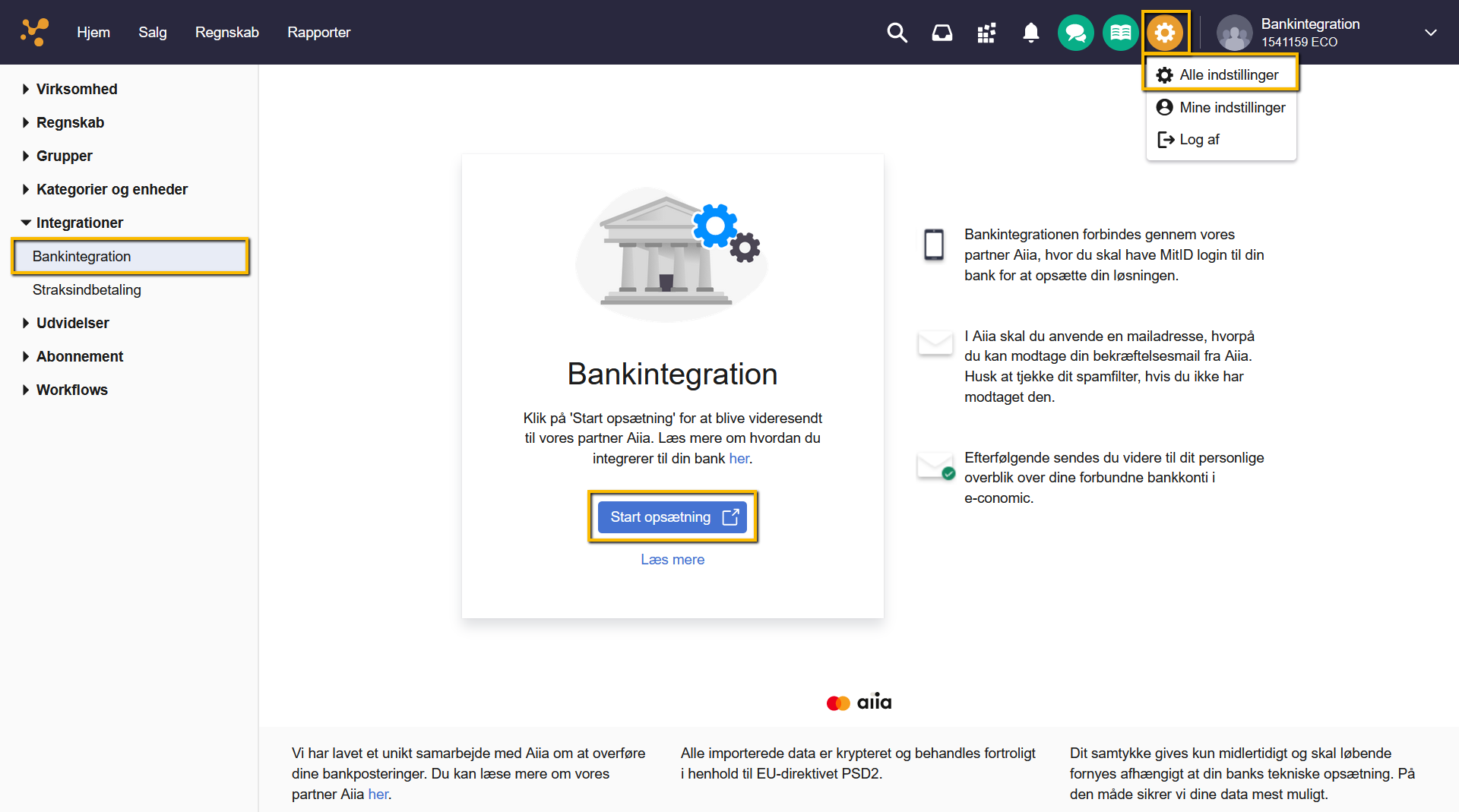 Viser 'Start opsætning'-knappen i menupunktet Bankintegration – bruges til at påbegynde forbindelsen mellem e-conomic og en bank.