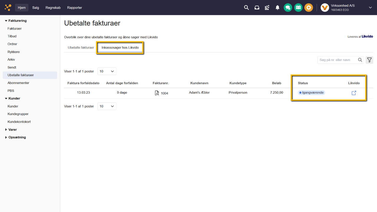 Viser status på en inkassosag i oversigten Ubetalte fakturaer – bruges til at følge en faktura, der er sendt til Likvido.