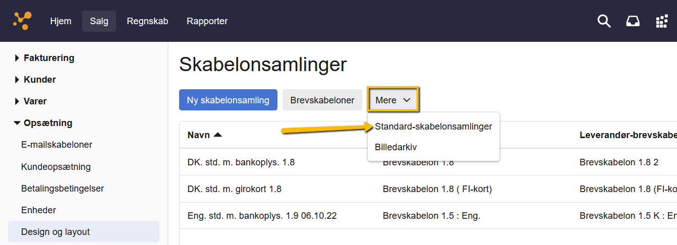 Viser valg af "Standard-skabelonsamlinger" i "Mere"-menuen under "Design og layout" – bruges til at hente e-conomics standard layouts.