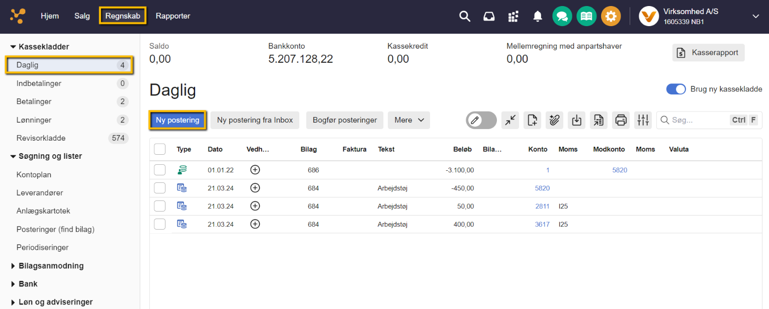Viser "Ny postering"-knappen i en kassekladde – bruges til at oprette en ny postering til en indbetaling.