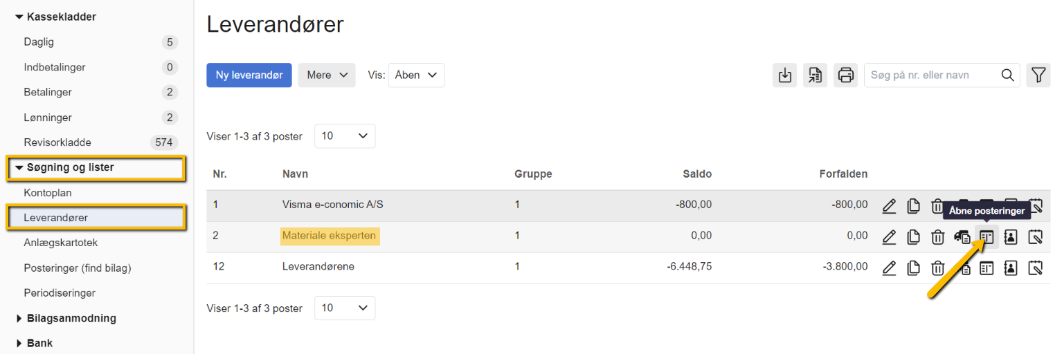 Viser ikonet 'Åbne posteringer' i leverandøroversigten – bruges til at finde og udligne en leverandørs åbne posteringer.