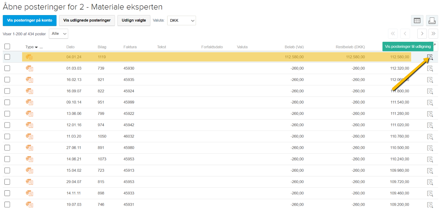 Viser ikonet "Vis posteringer til udligning" i listen over åbne posteringer – bruges til at finde de fakturaer, som en indbetaling skal udligne.