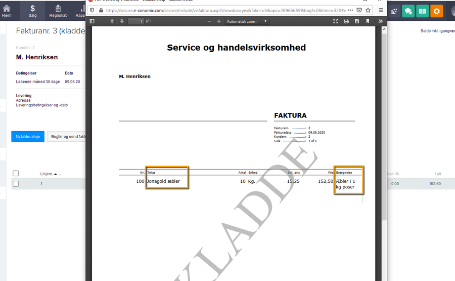 Viser en fakturalinje med varenavn og beskrivelse i separate kolonner i fakturadesignet – bruges til at vise, hvordan linjen ser ud, inden de to felter slås sammen.
