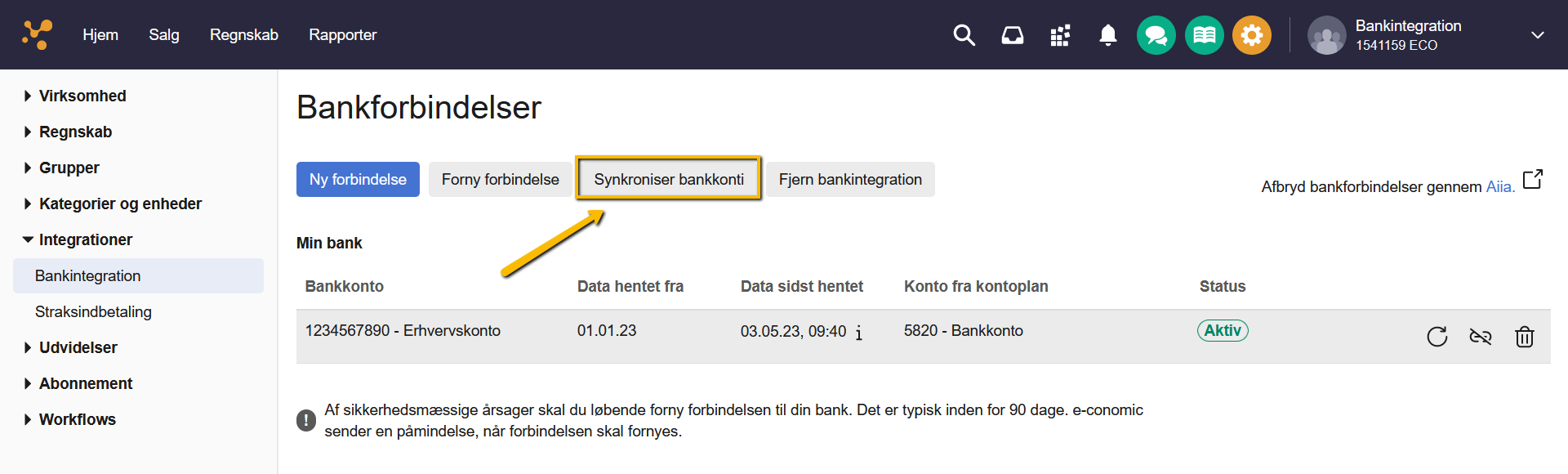 Viser knappen "Synkroniser bankkonti" i bankintegrationen – bruges til at hente de seneste banktransaktioner.