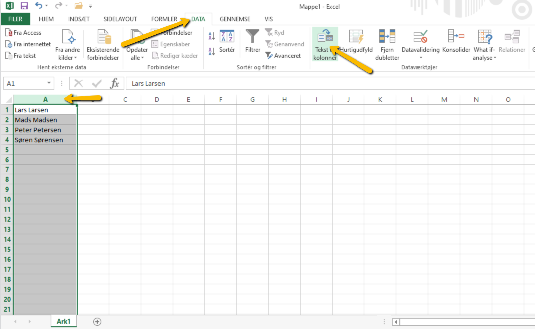 Viser "Tekst til kolonner"-knappen i Data-fanen i Excel – bruges til at opdele indholdet fra en kolonne til flere kolonner.