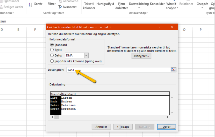 Viser valg af destination for data i guiden 'Konvertér tekst til kolonner' i Excel – bruges til at fuldføre opdelingen af tekst til separate kolonner.