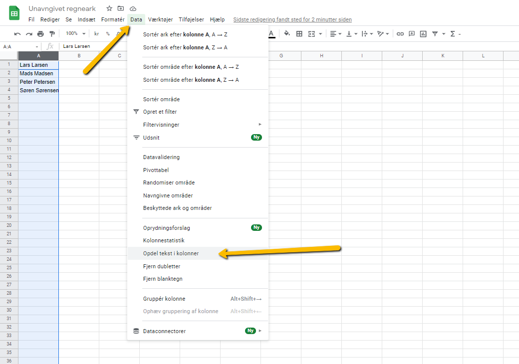 Viser menupunktet 'Opdel tekst i kolonner' i Data-menuen i Google Sheets – bruges til at opdele tekst fra én kolonne til flere.