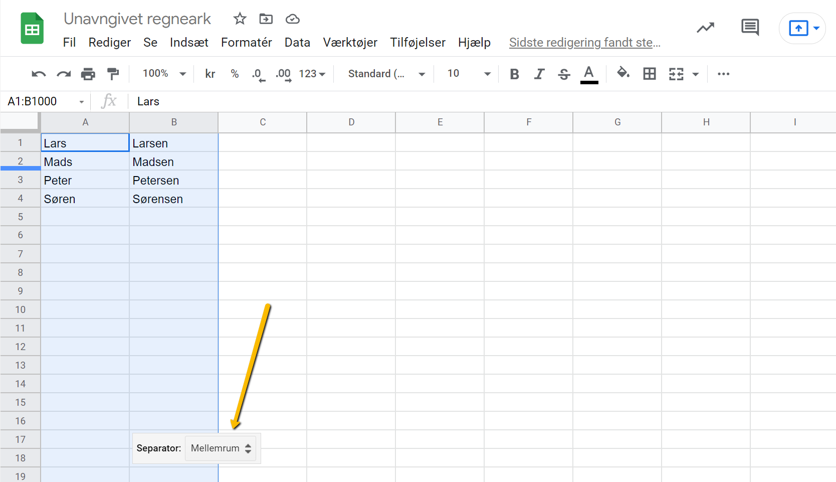 Viser rullemenuen 'Separator' i Google Sheets – bruges til at vælge, hvilket tegn der skal adskille teksten i kolonnerne.