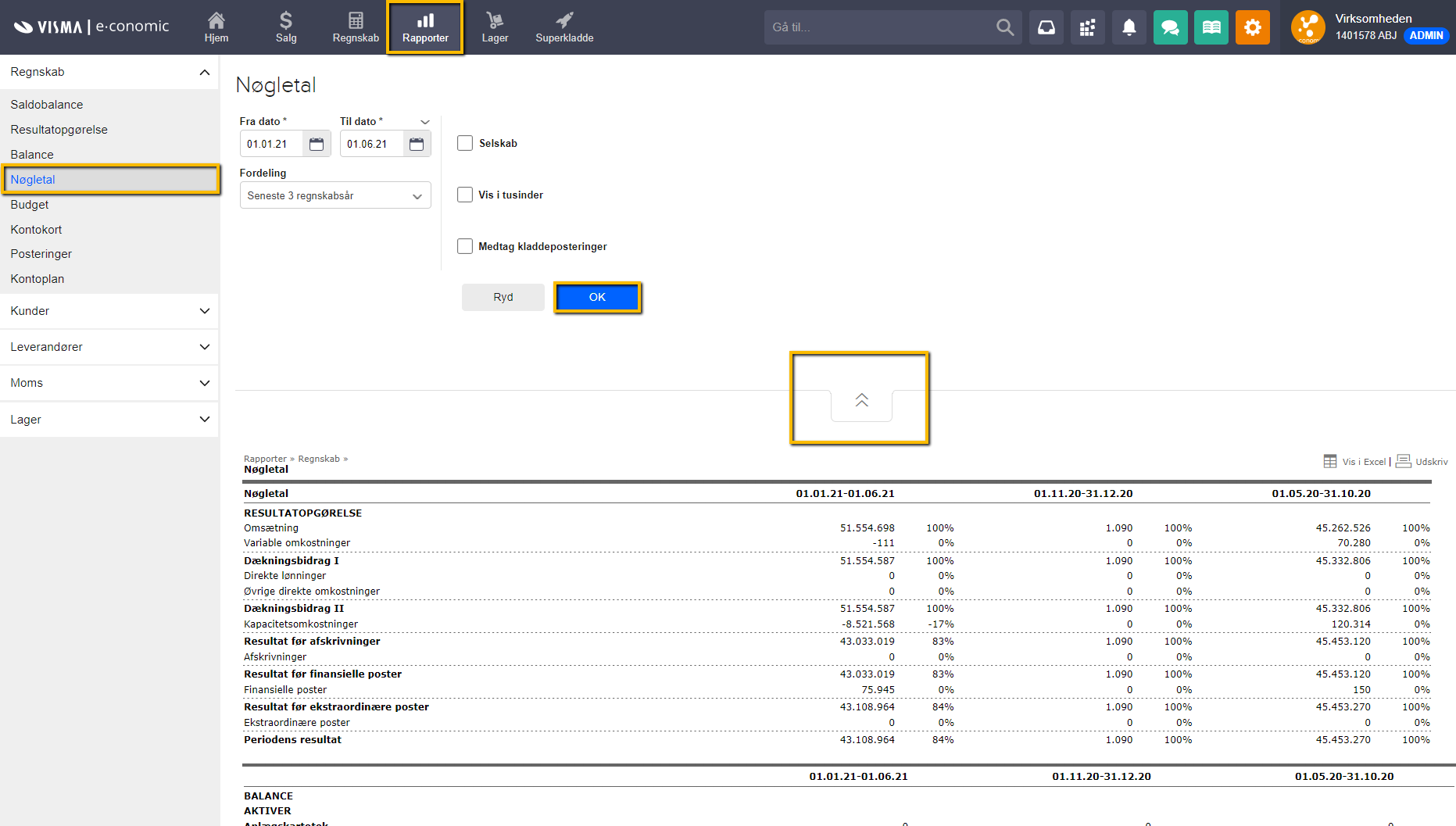 Viser siden 'Nøgletal' i Rapporter – bruges til at danne en nøgletalsrapport.