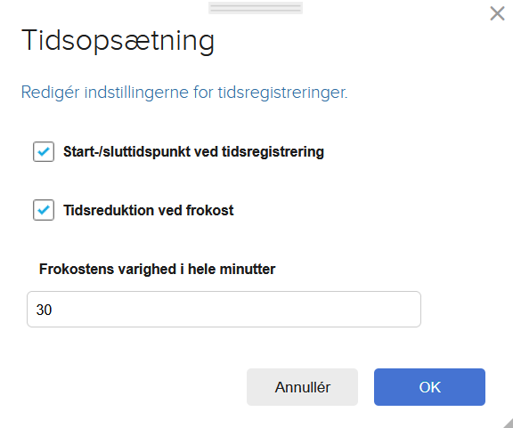 Viser tidsopsætningen i Projektmodulet – bruges til at aktivere indstillinger for tidsregistrering som start-/sluttidspunkt og tidsreduktion ved frokost.