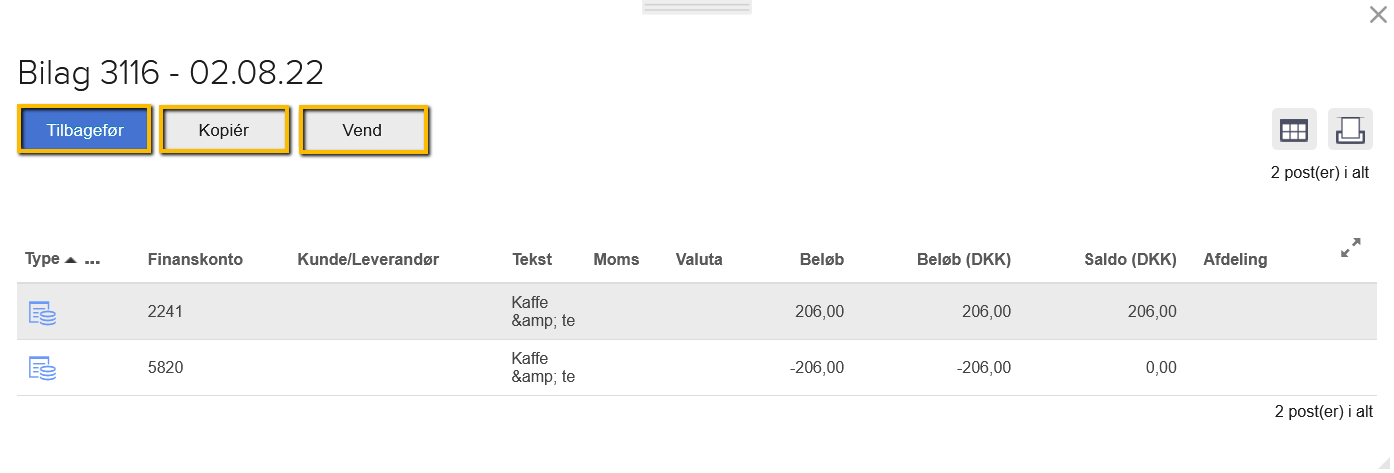 Viser knappen 'Tilbagefør' i bilagsvisningen – bruges til at tilbageføre et bilag, der er oprettet forkert.