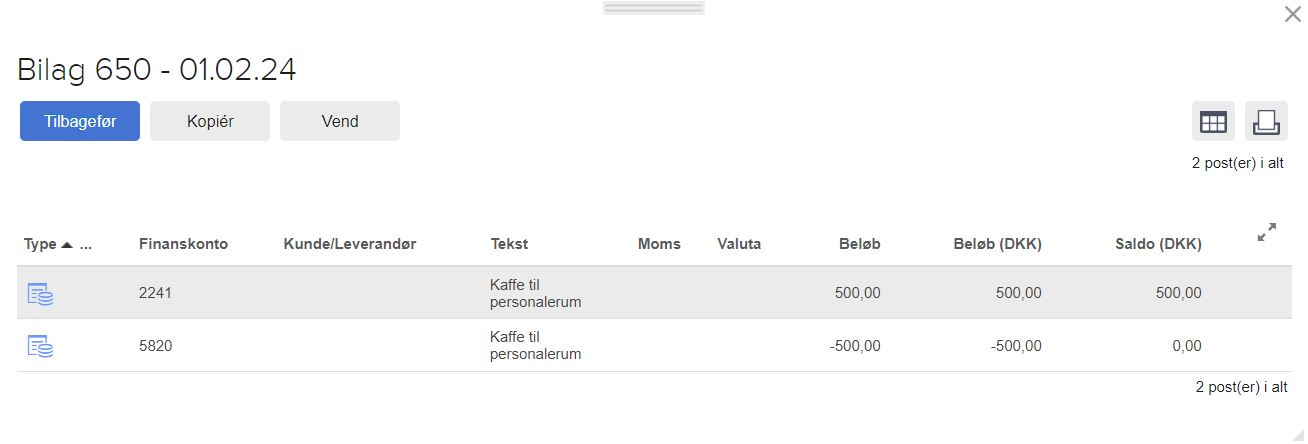 Viser "Tilbagefør"-knappen i bilagsvisningen – bruges til at tilbageføre et bogført bilag.