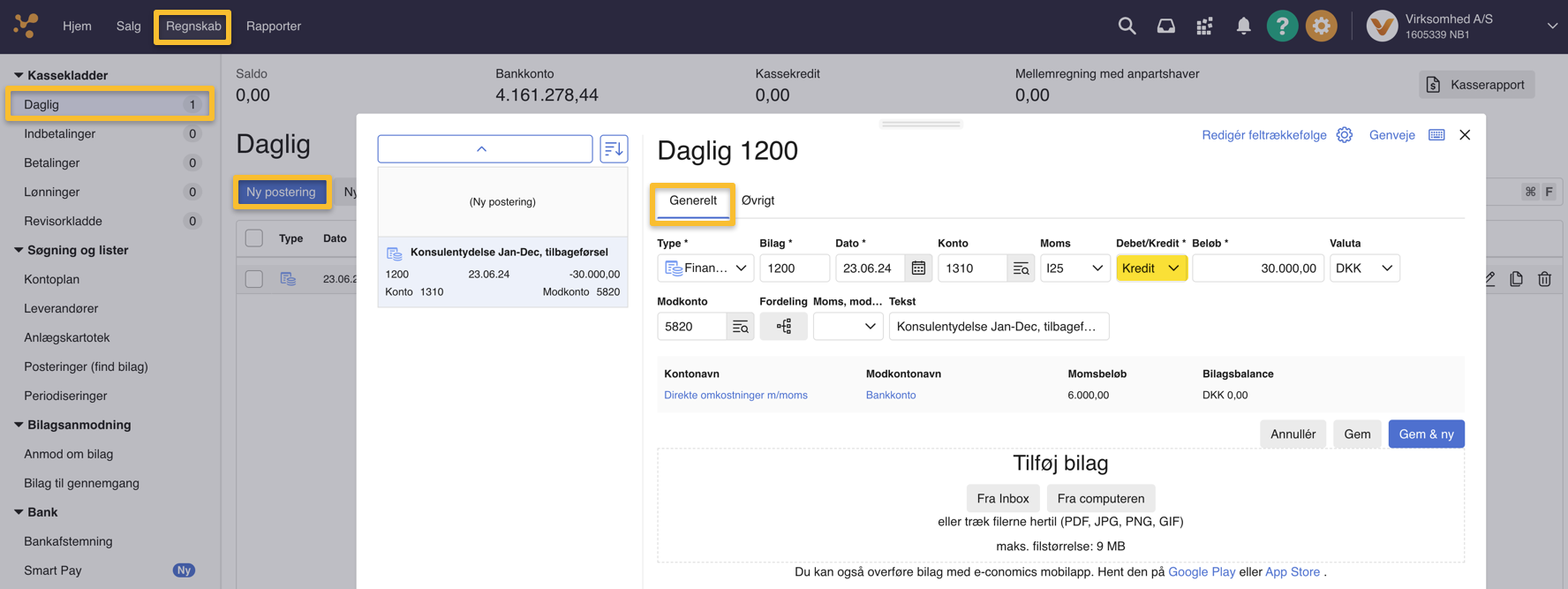 Viser en ny, udfyldt postering i kassekladden – bruges til at oprette en manuel tilbageførsel.