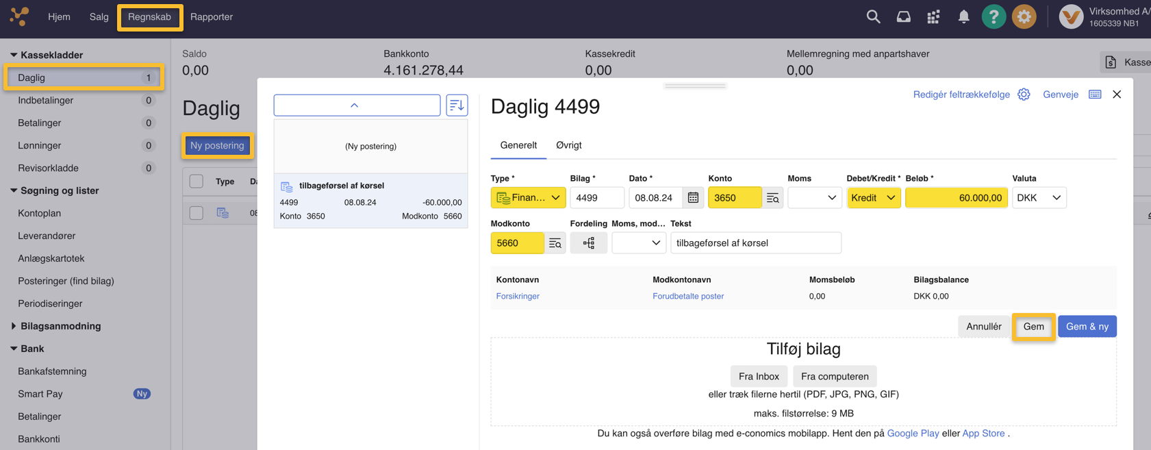 Viser et udfyldt finansbilag i kassekladden – bruges til at tilbageføre en periodisering.
