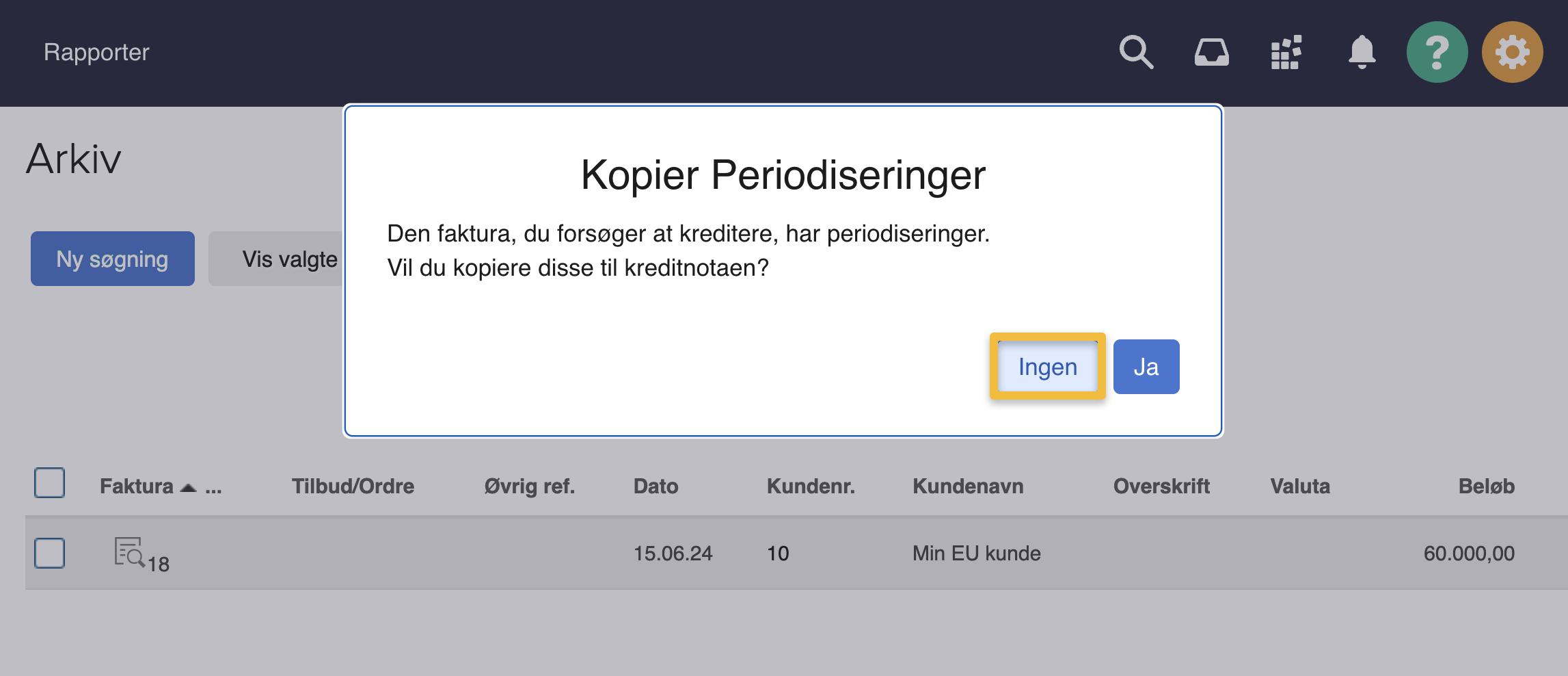 Viser arkivet i Salg-fanen – bruges til at finde en faktura, som skal krediteres.