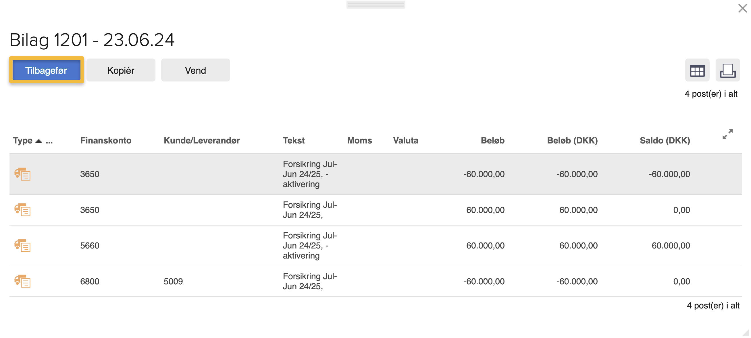 Viser søgekriterierne i 'Find bilag' under Posteringer – bruges til at finde et specifikt bilag, der skal tilbageføres.