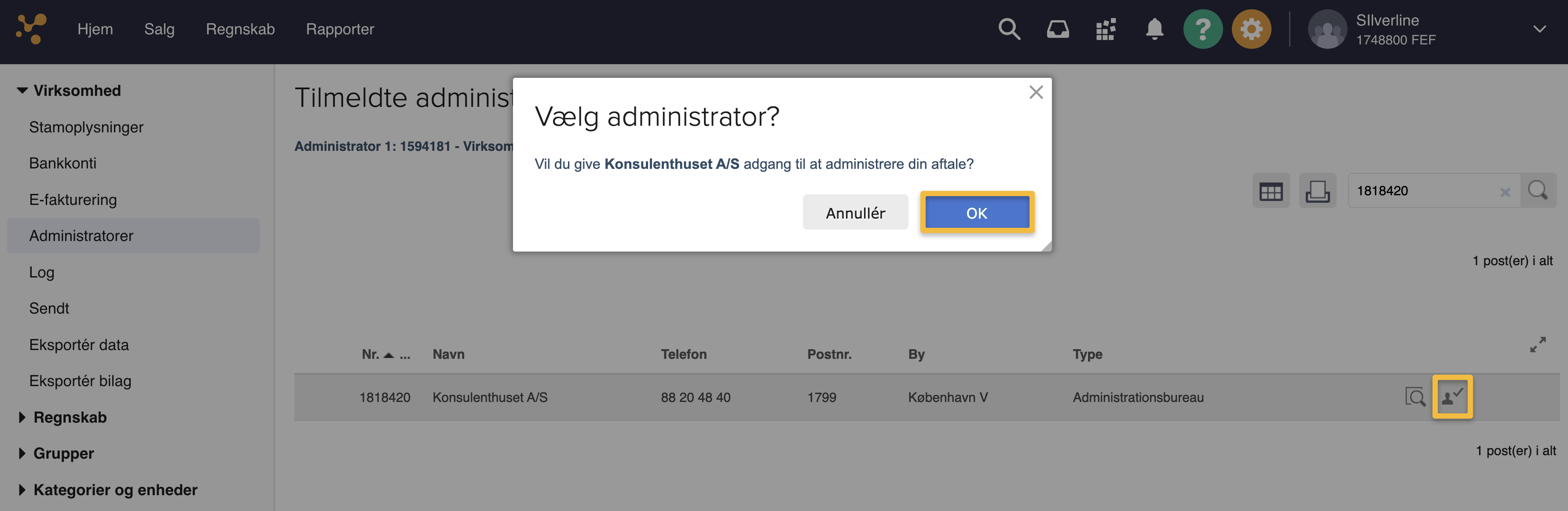 Viser dialogboksen "Vælg administrator?" i Administratorer – bruges til at give en koncernaftale adgang til virksomhedsaftalen.