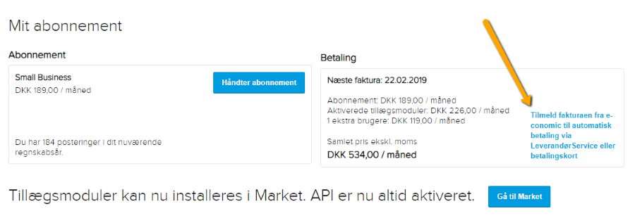 Viser linket til automatisk betaling i Abonnementsstatus – bruges til at tilmelde fakturaen til automatisk betaling.
