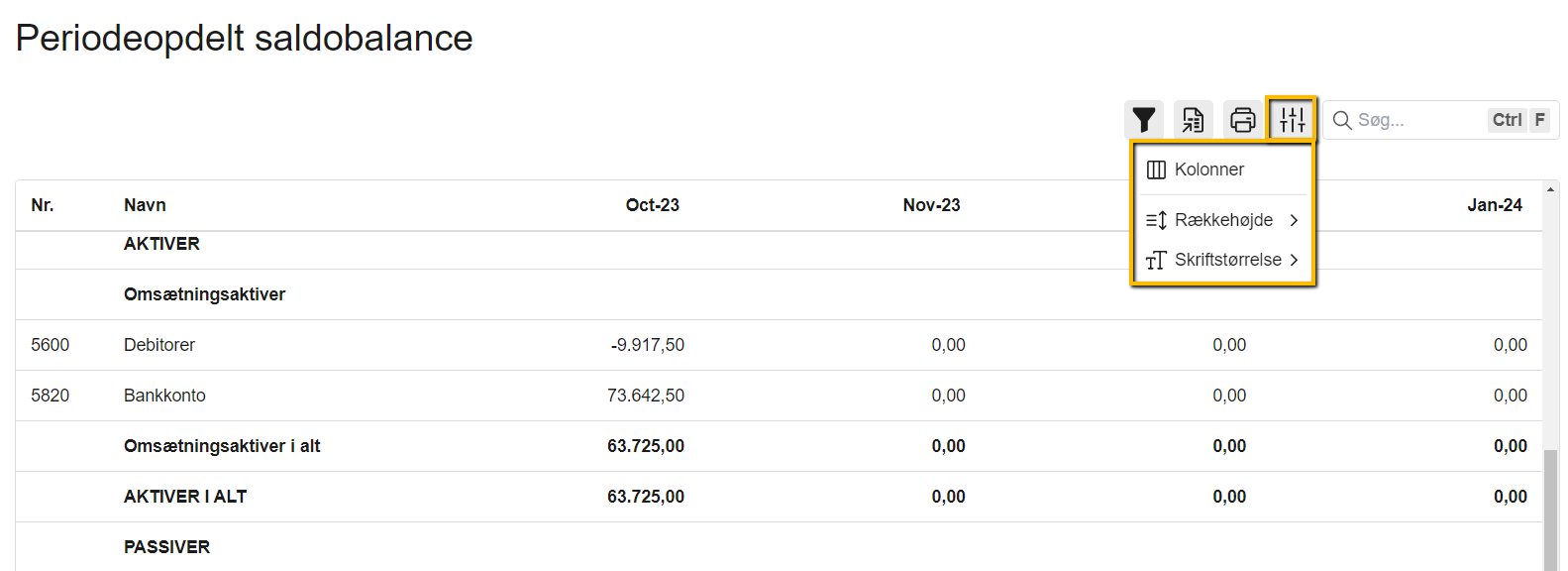 Viser layout-menuen i rapporten 'Periodeopdelt saldobalance' – bruges til at tilpasse rapportens visning.
