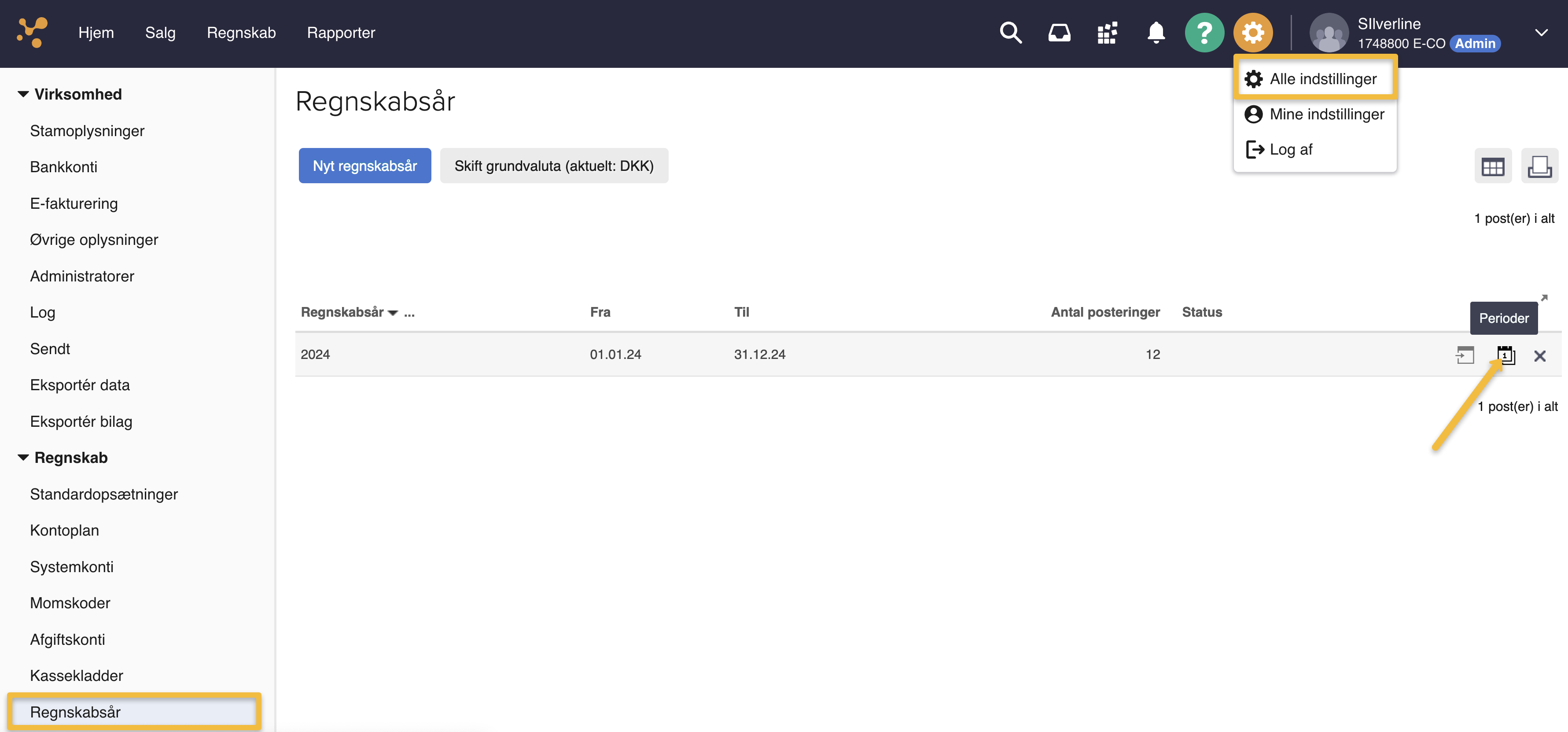 Viser navigationen til Perioder-ikonet for et regnskabsår i regnskabsindstillingerne – bruges til at påbegynde en periodiseringskørsel.