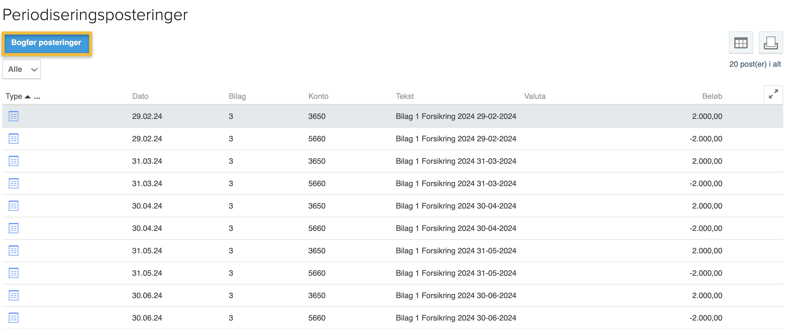 Viser knappen 'Bogfør posteringer' i oversigten over periodiseringsposteringer – bruges til at bogføre de genererede posteringer for perioden.