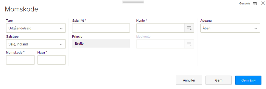 Viser formularen til oprettelse af en ny momskode i momskode-indstillingerne – bruges til at oprette en ny, brugerdefineret momskode.