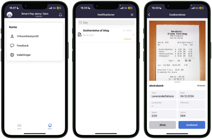 Viser godkendelse af et bilag i Smart Pay appen – bruges til at godkende eller afvise et bilag direkte på mobilen.
