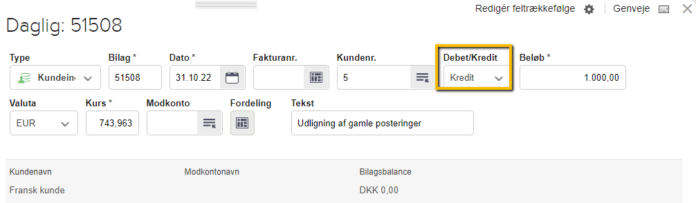 Viser en ny kreditpostering i en kassekladde – bruges til at udligne posteringer fra et lukket regnskabsår.