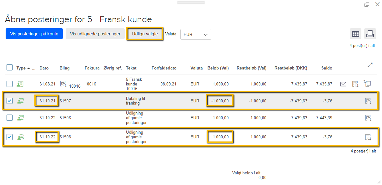 Viser markering af en debet- og en kreditpostering i kundens åbne posteringer – bruges til at udligne poster, der går ud med hinanden.