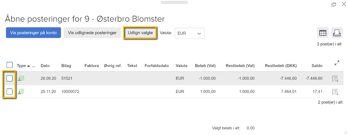 Viser afkrydsningsfelter og knappen 'Udlign valgte' i vinduet 'Åbne posteringer' – bruges til at udligne valgte posteringer i en fremmed valuta.