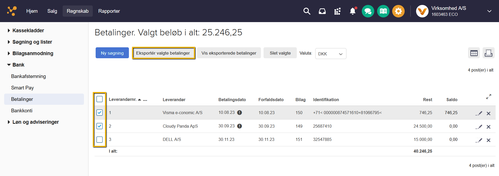 Viser knappen 'Eksportér valgte betalinger' i oversigten Betalinger – bruges til at starte eksporten af valgte betalinger til en bankfil.