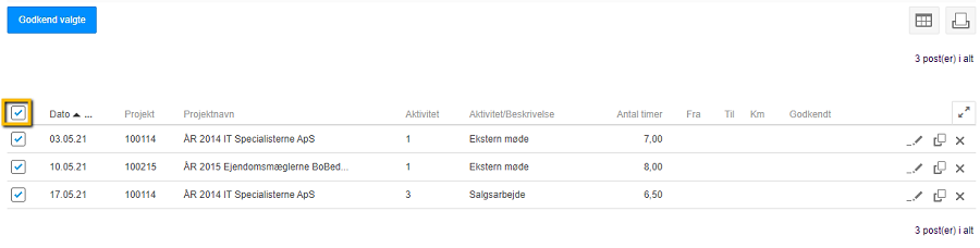 Viser markering af alle tidsregistreringer i Tidsregistrering – bruges til at godkende de valgte poster samlet.