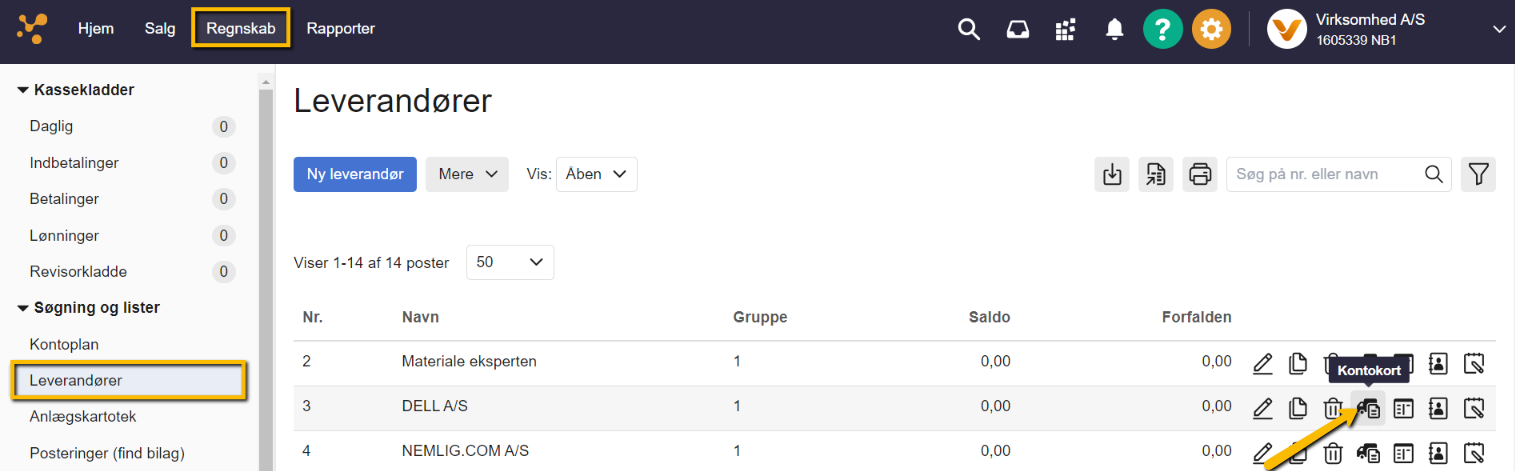 Viser Kontokort-ikonet i leverandørlisten – bruges til at se en leverandørs posteringer.