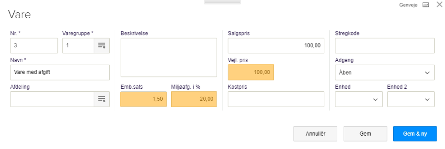 Viser felterne for emballagesats og miljøafgift i varekortet – bruges til at oprette en vare med afgift.