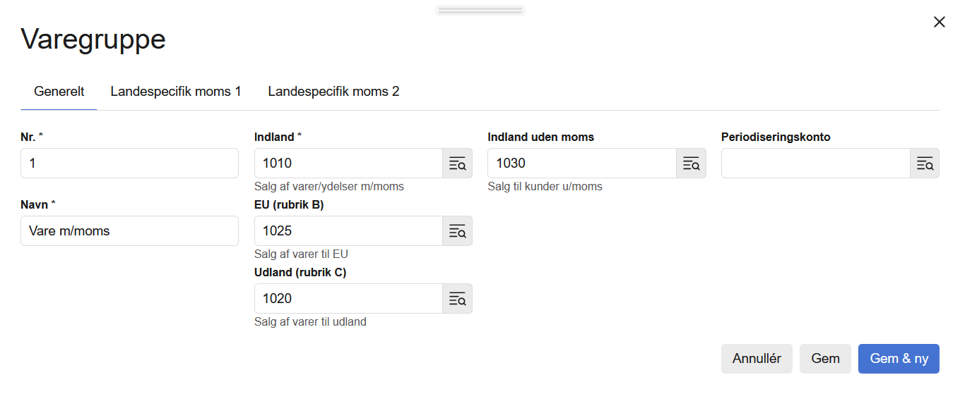 Viser oprettelsesvinduet for en ny varegruppe i Indstillinger – bruges til at definere salgskonti baseret på kundens momszone.