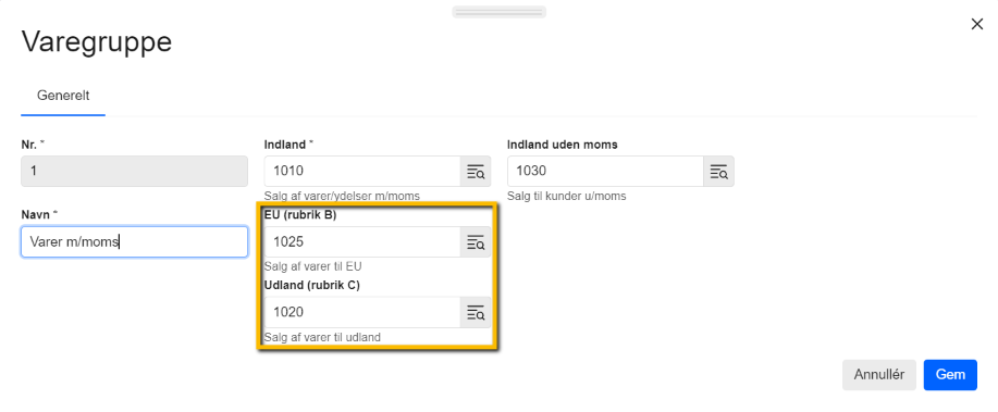 Viser opsætning af konti for EU- og udlandssalg i en varegruppe – bruges til at sikre korrekt bogføring af salg uden for Danmark.