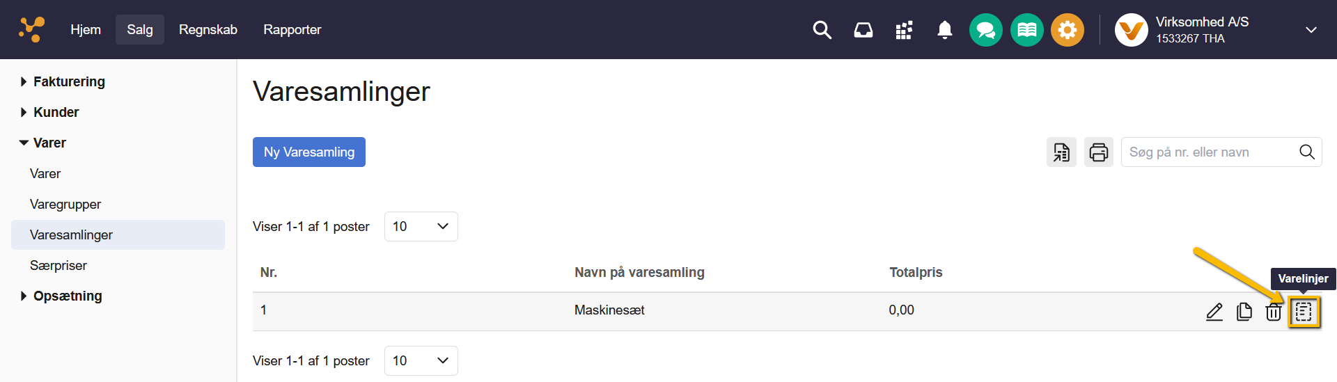 Viser "Varelinjer"-ikonet i listen over varesamlinger – bruges til at tilknytte varelinjer til en varesamling.