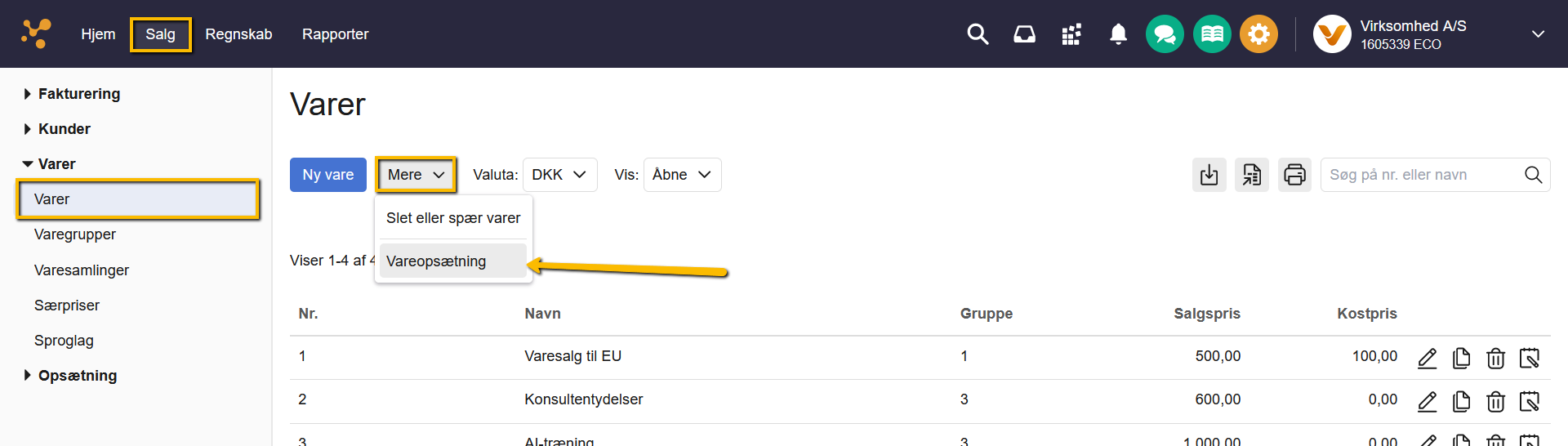 Viser menupunktet Vareopsætning i vareoversigten – bruges til at åbne opsætningen for automatiske nummerforslag.