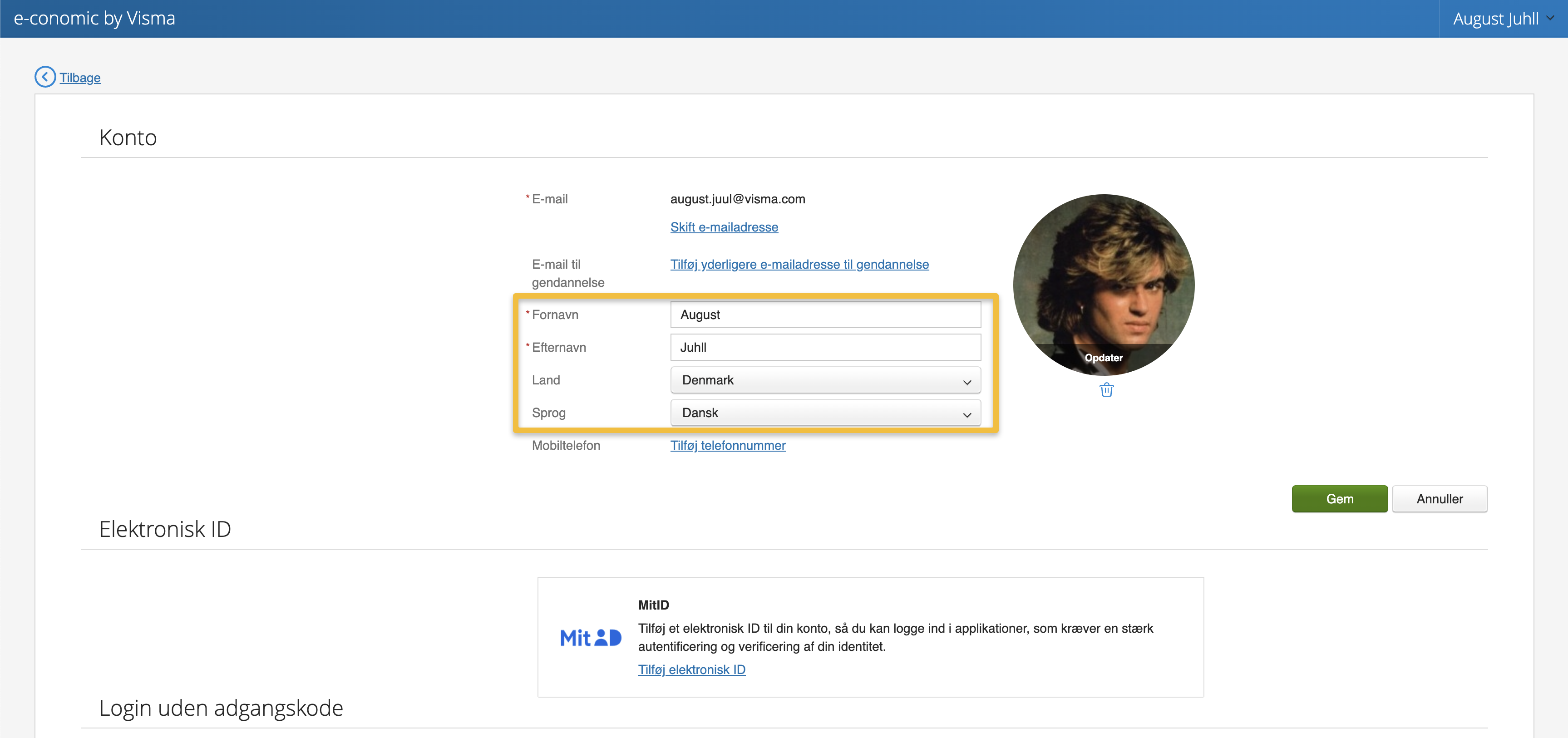 Viser felterne til personlige oplysninger i Visma Connect – bruges til at ændre sit navn, efternavn, land eller sprog