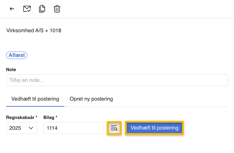 Viser funktionen 'Vedhæft til postering' i Indbakken – bruges til at sammenkæde et bilag med en eksisterende postering via bilagsnummer.