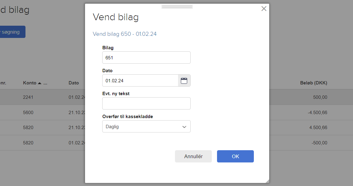 Viser dialogboksen 'Vend bilag' i Posteringer – bruges til at bekræfte oplysningerne og vælge kassekladde for det vendte bilag.