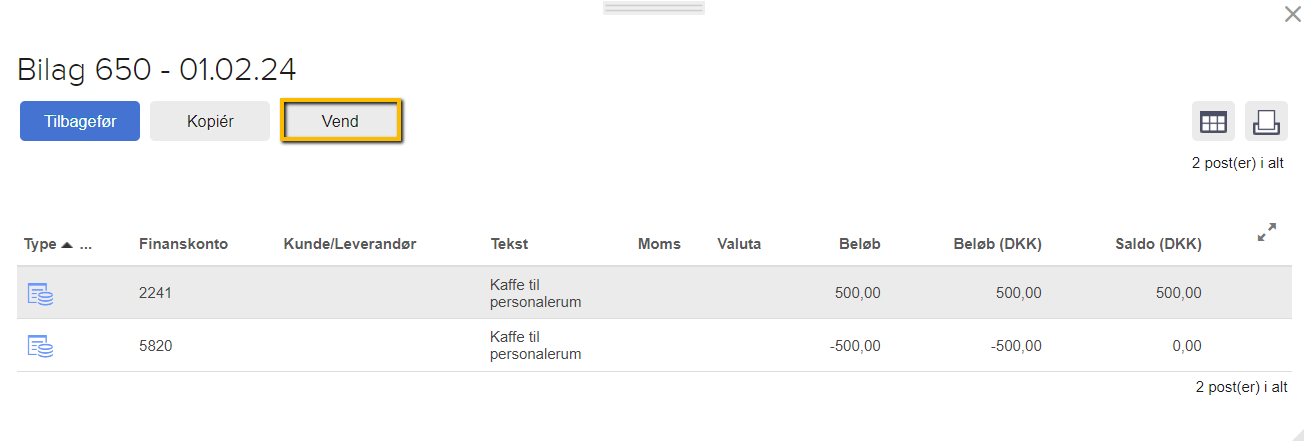 Viser Vend-knappen i Posteringer – bruges til at vende en bogført postering.