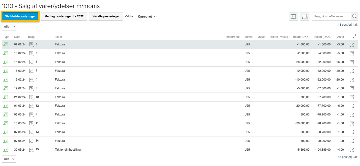 Viser knappen 'Vis kladdeposteringer' i kontokortet – bruges til at vise ikke-bogførte kladdeposteringer.