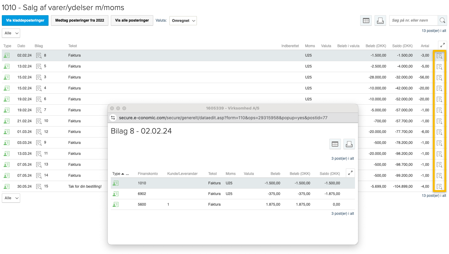 Viser ikonet 'Vis transaktioner' i kontokortet – bruges til at se detaljerne for en postering.