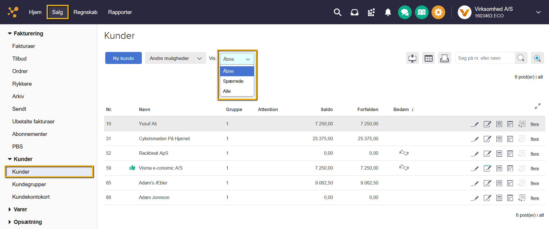 Viser rullemenuen 'Vis' i kundeoversigten – bruges til at filtrere listen over kunder efter status.