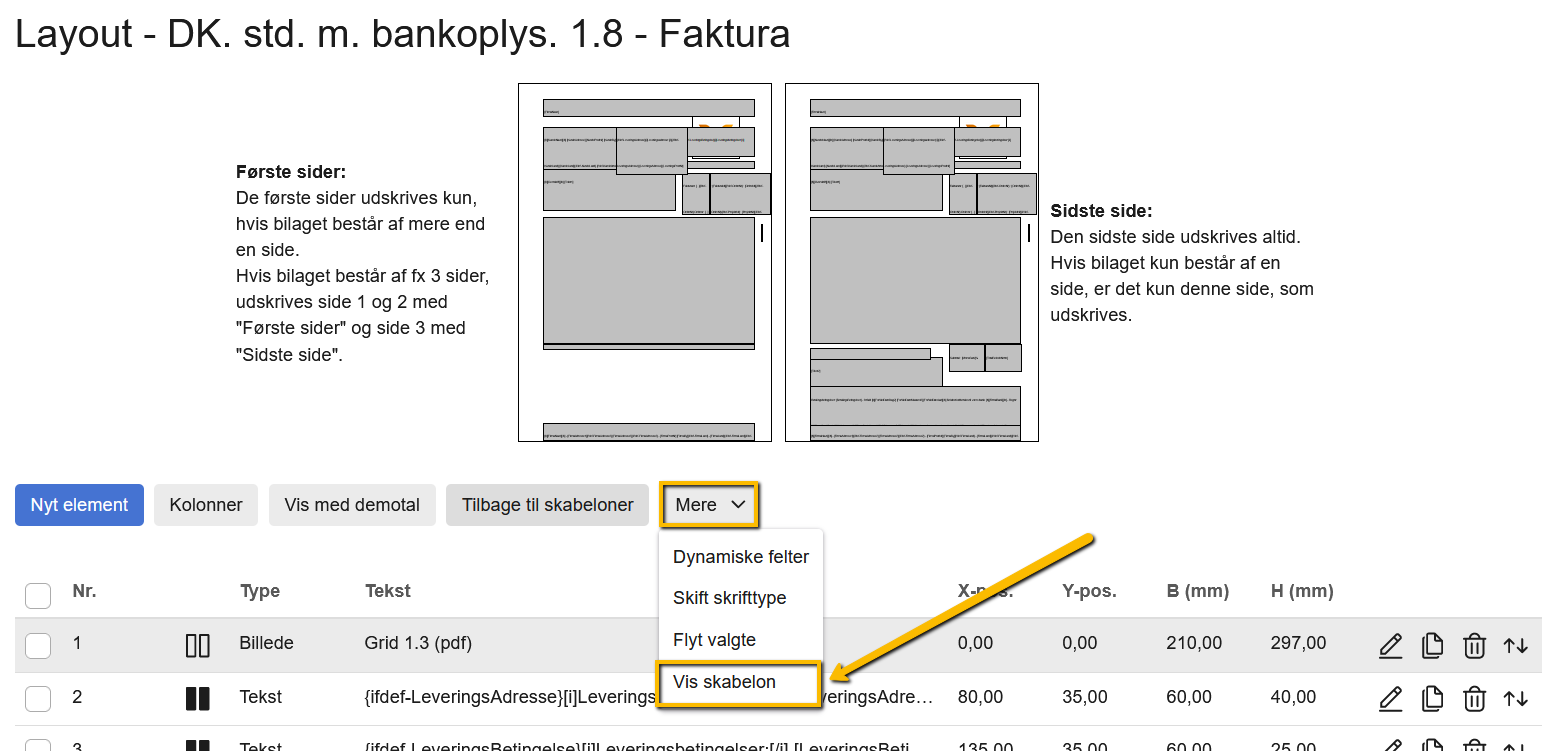 Viser funktionen 'Vis skabelon' i dropdown-menuen 'Mere' i Design og layout – bruges til at få vist en forhåndsvisning af skabelonen.