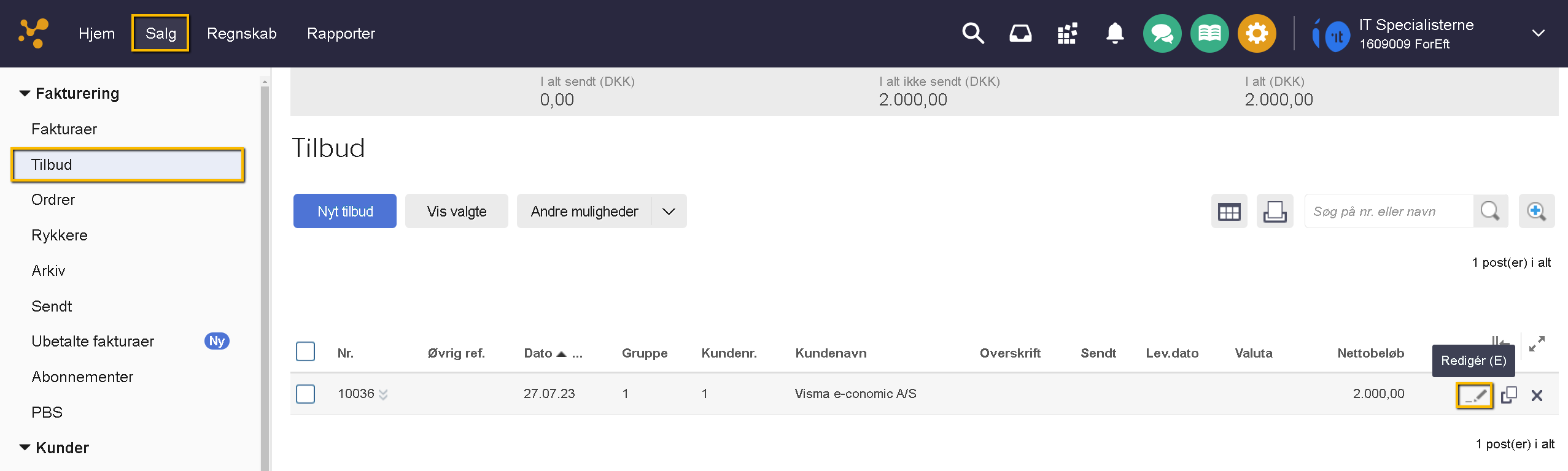 Viser Redigér-ikonet på en tilbudslinje i tilbudsoversigten – bruges til at få adgang til at vise, gemme eller udskrive et tilbud.